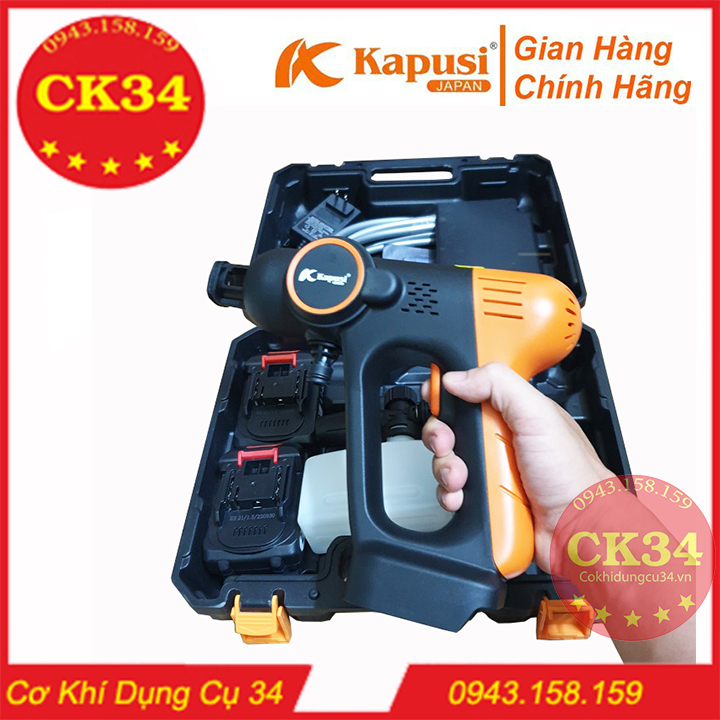 Máy rửa xe dùng pin, Máy xịt tăng áp KAPUSI JAPAN đầy đủ phụ kiện đi kèm