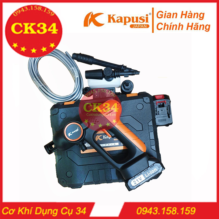 Máy rửa xe dùng pin, Máy xịt tăng áp KAPUSI JAPAN đầy đủ phụ kiện đi kèm