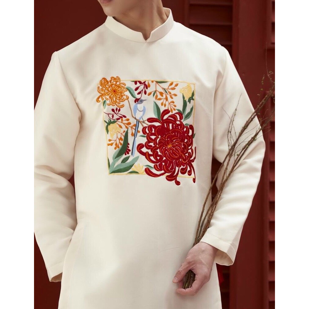 Áo dài nam cách tân thêu hoa cúc đẹp cao cấp,truyền thống mặc tết, chụp ảnh  - Mai áo dài