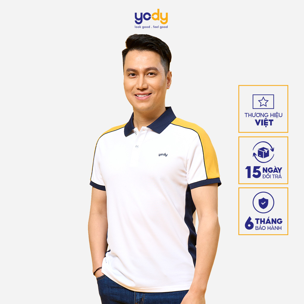 Áo thun polo nam YODY vải dệt tổ ong phối 3 màu sợi cafe chống tia UV APM5413