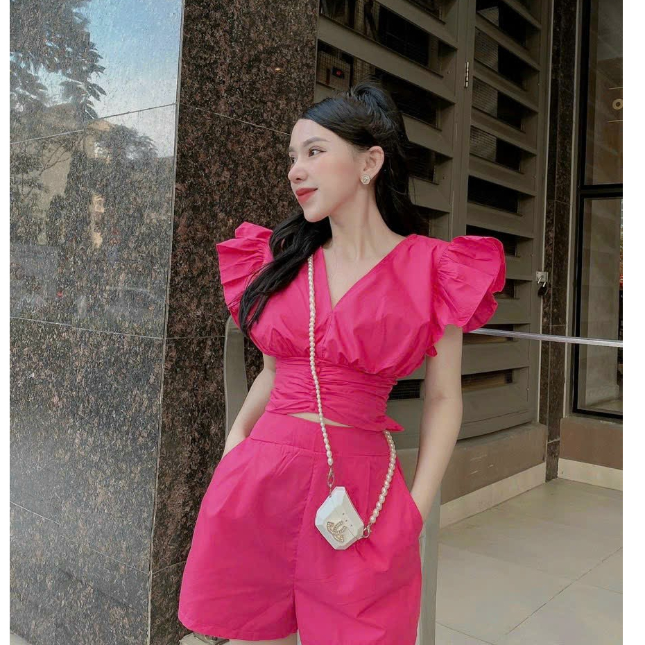 Set bộ thời trang nữ sang chảnh chất cotton lạnh cổ V tay xẻ bo eo đính nút quần đùi lưng thun mini siêu xinh