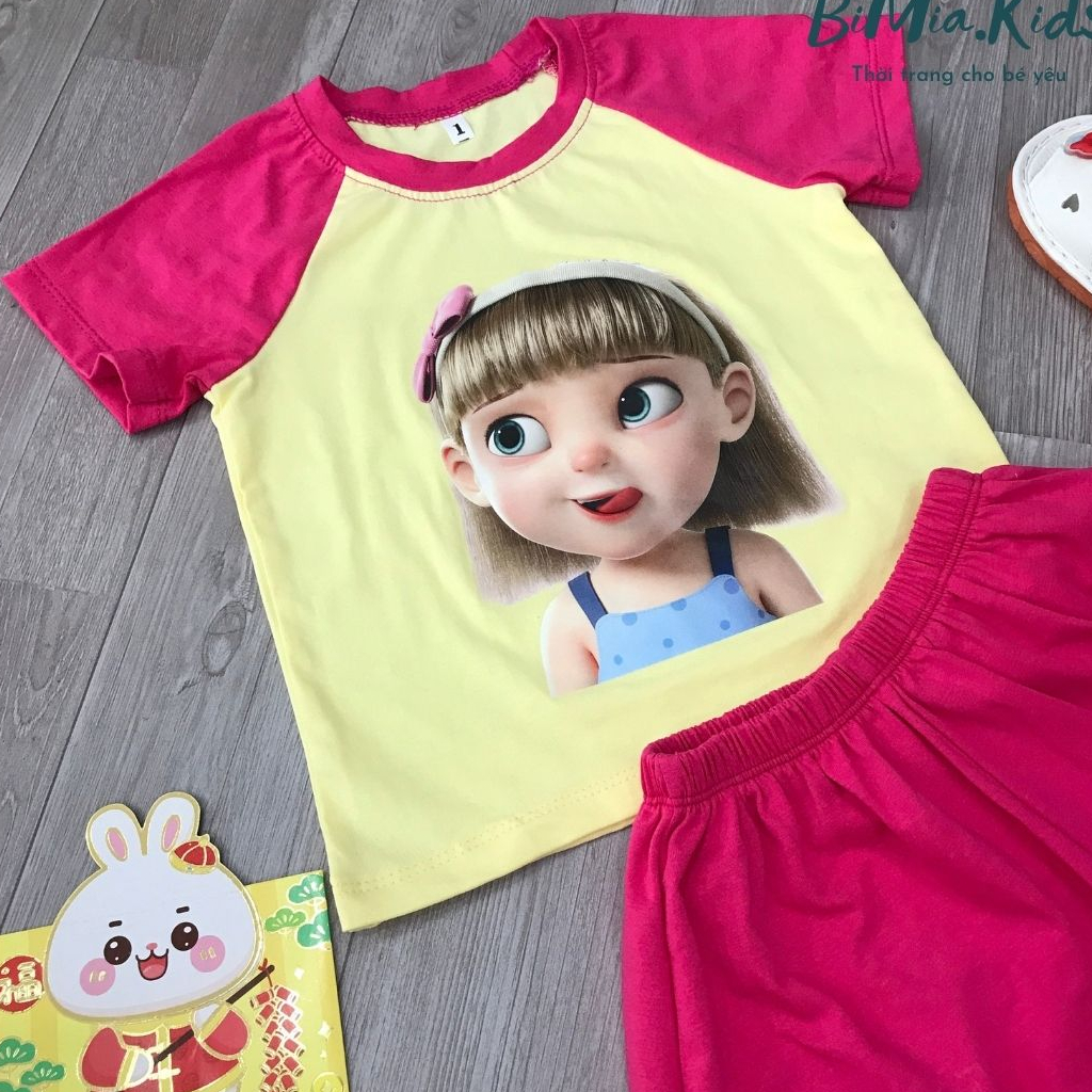 Bộ thun cộc tay bé gái in hình cực xinh vải thun cotton vừa mềm mát thoáng không bai xù lông BIMIA KIDS