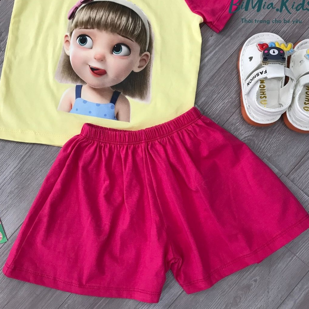 Bộ thun cộc tay bé gái in hình cực xinh vải thun cotton vừa mềm mát thoáng không bai xù lông BIMIA KIDS