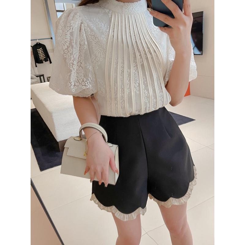 (ORDER TAOBAO) Áo Kiểu Chiffon Ngắn Tay Phồng Phối Ren Phong Cách Hàn Quốc