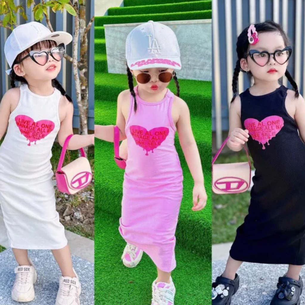 Váy body cho bé gái , đầm body cotton xẻ tà sau in tim sành điệu cho bé gái 8-30kg