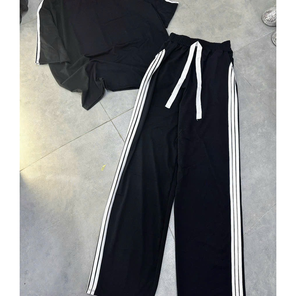 [6.6 Sales Freeship] Set bộ thun đen basic viền cá tính, set áo thun from rộng viền sọc trắng mix quần dài ống suông mtb