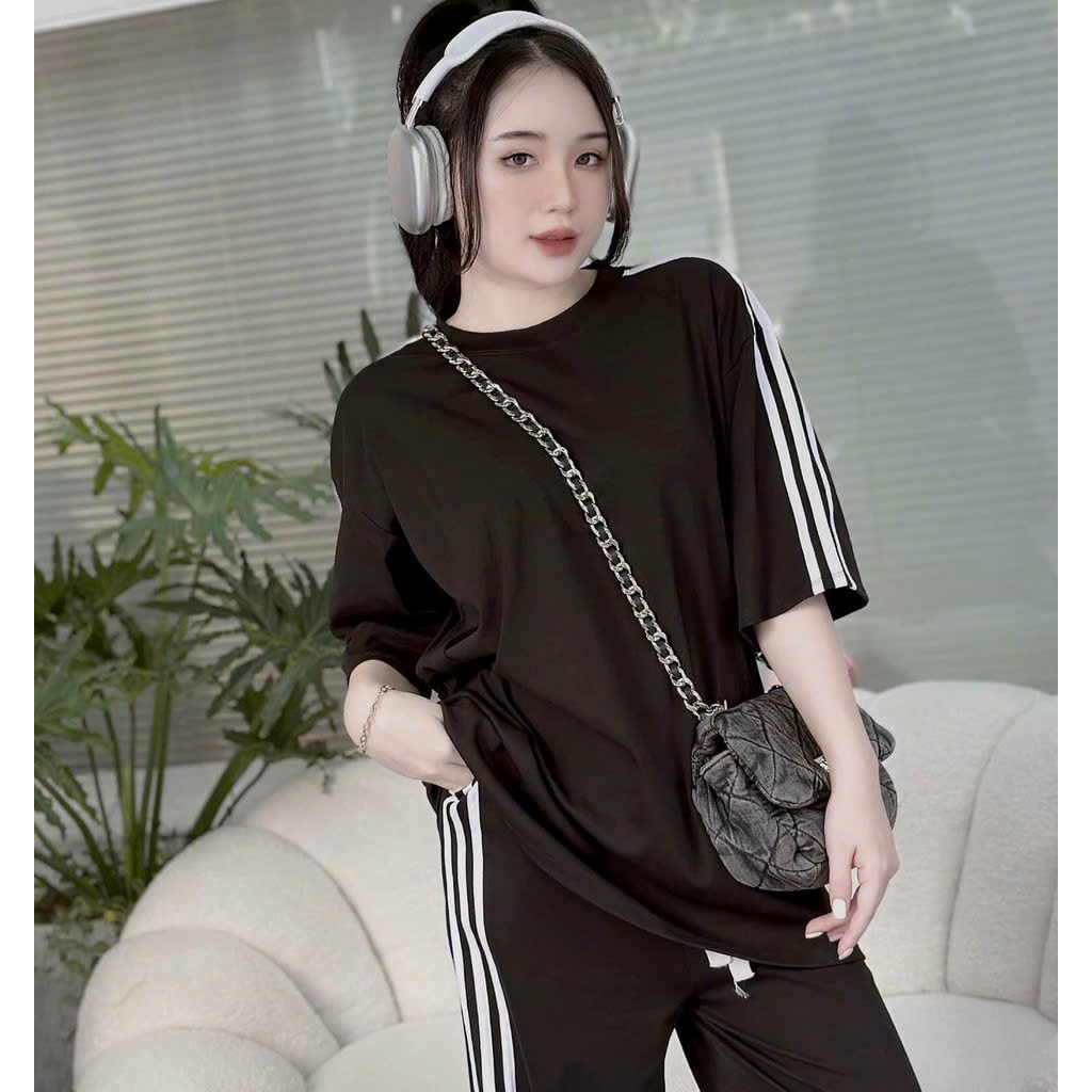[6.6 Sales Freeship] Set bộ thun đen basic viền cá tính, set áo thun from rộng viền sọc trắng mix quần dài ống suông mtb
