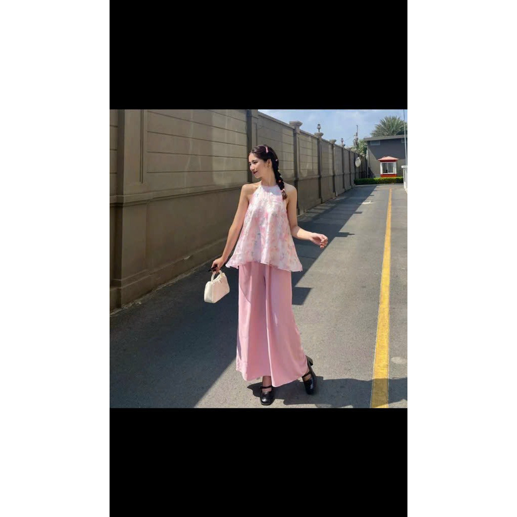 [6.6 Sales Freeship] Set bộ áo voan hoa cổ yếm hở lưng mix quần dài ống suông, bộ yếm 2 màu xanh hồng sang chảnh dx