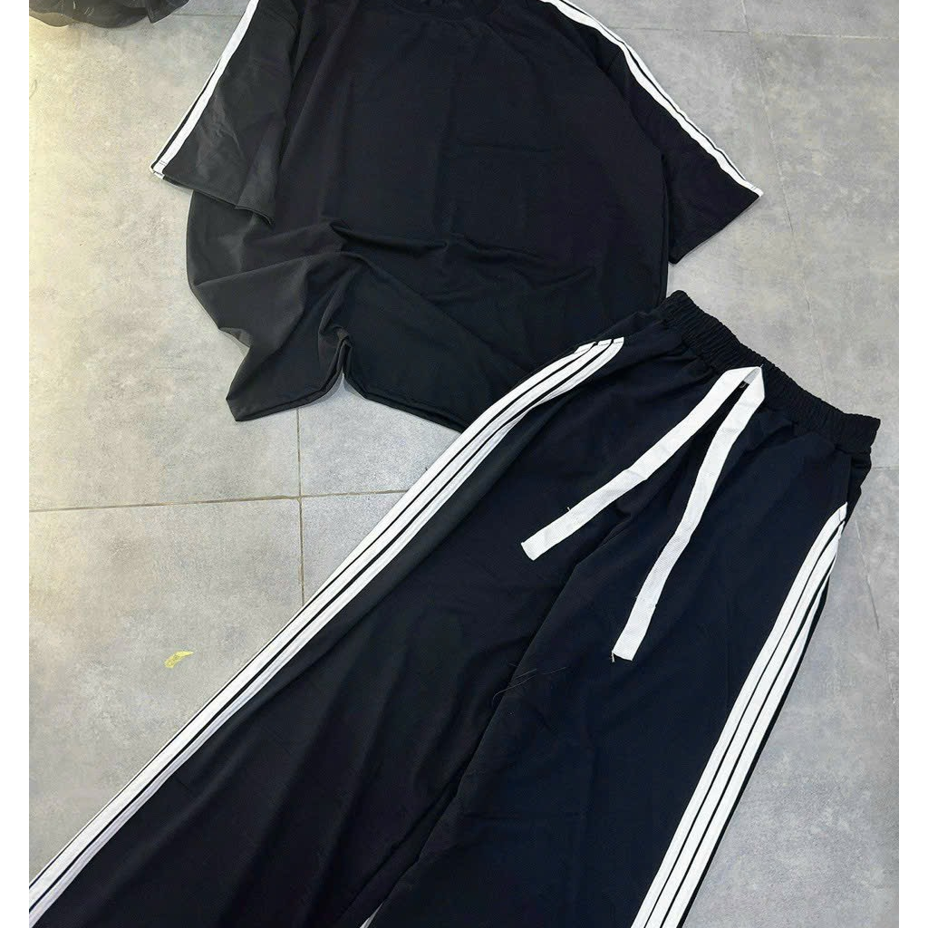 [6.6 Sales Freeship] Set bộ thun đen basic viền cá tính, set áo thun from rộng viền sọc trắng mix quần dài ống suông mtb