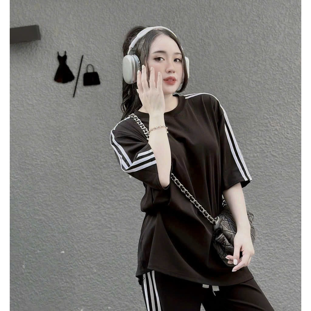 [6.6 Sales Freeship] Set bộ thun đen basic viền cá tính, set áo thun from rộng viền sọc trắng mix quần dài ống suông mtb