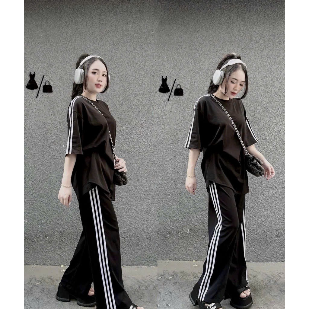 [6.6 Sales Freeship] Set bộ thun đen basic viền cá tính, set áo thun from rộng viền sọc trắng mix quần dài ống suông mtb