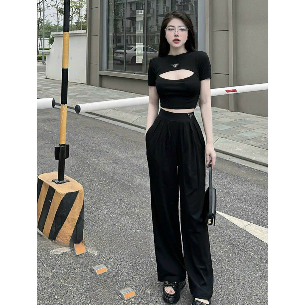 [6.6 Sales Freeship] Set bộ thun dẻo áo tay ngắn croptop khoét ngực mix quần dài ống suông rộng cá tính mtb