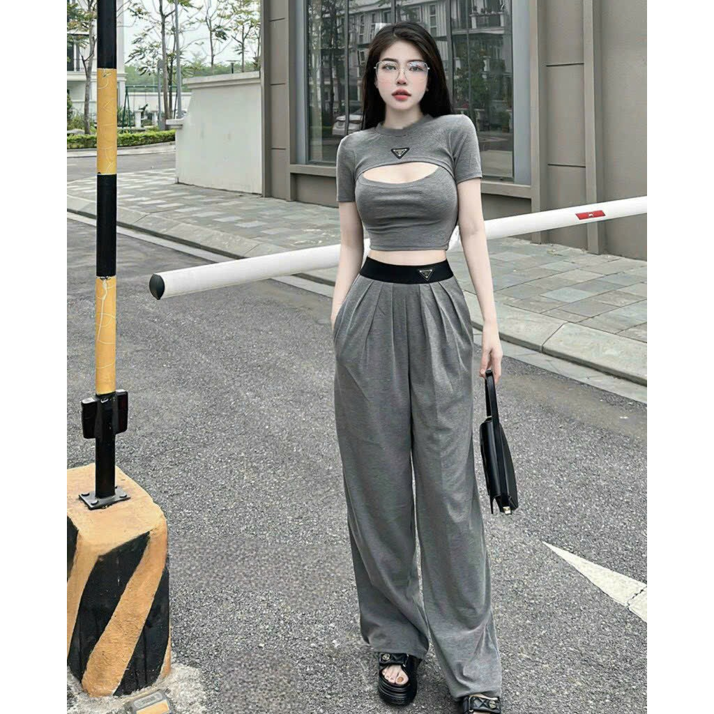 [6.6 Sales Freeship] Set bộ thun dẻo áo tay ngắn croptop khoét ngực mix quần dài ống suông rộng cá tính mtb