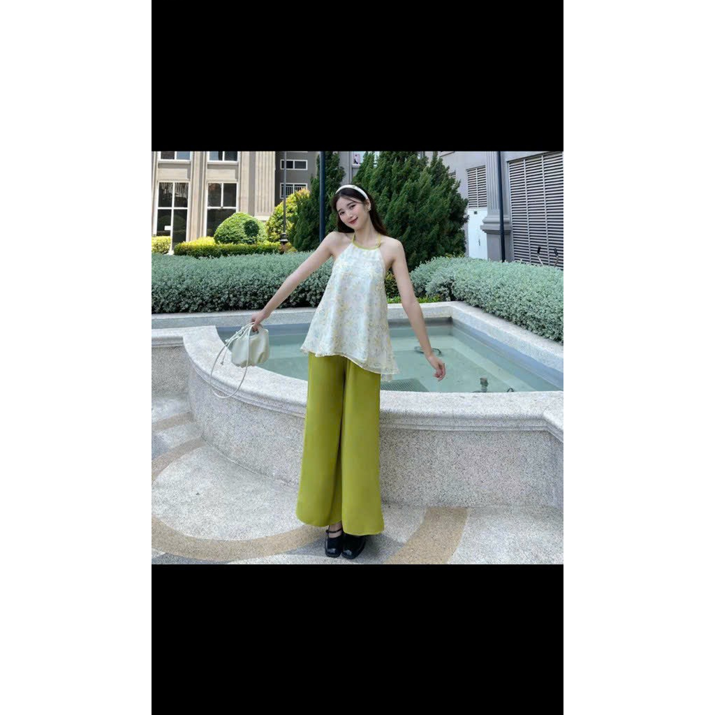 [6.6 Sales Freeship] Set bộ áo voan hoa cổ yếm hở lưng mix quần dài ống suông, bộ yếm 2 màu xanh hồng sang chảnh dx