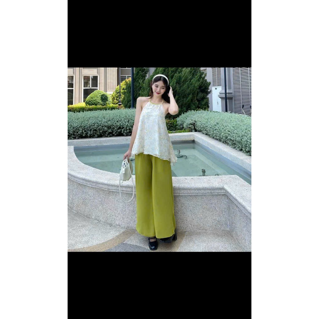 [6.6 Sales Freeship] Set bộ áo voan hoa cổ yếm hở lưng mix quần dài ống suông, bộ yếm 2 màu xanh hồng sang chảnh dx