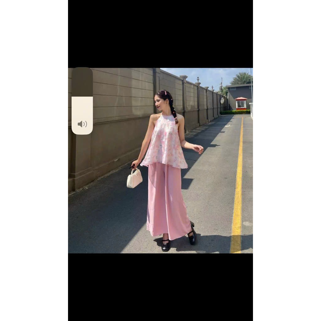 [6.6 Sales Freeship] Set bộ áo voan hoa cổ yếm hở lưng mix quần dài ống suông, bộ yếm 2 màu xanh hồng sang chảnh dx