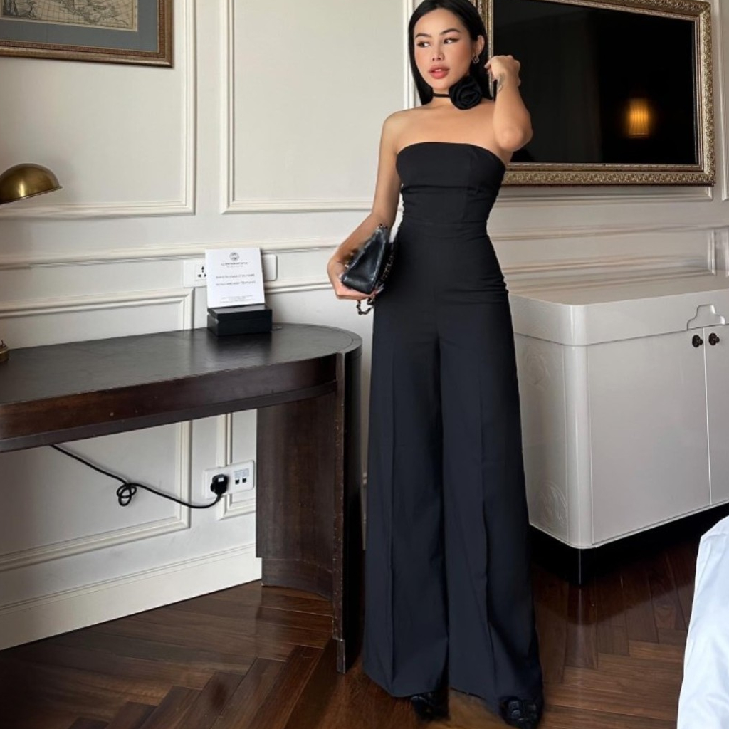 jumpsuit nữ dài ống rộng, Đồ bay yếm cup ngực hở lưng kèm hoa cổ cao cấp sang chảnh