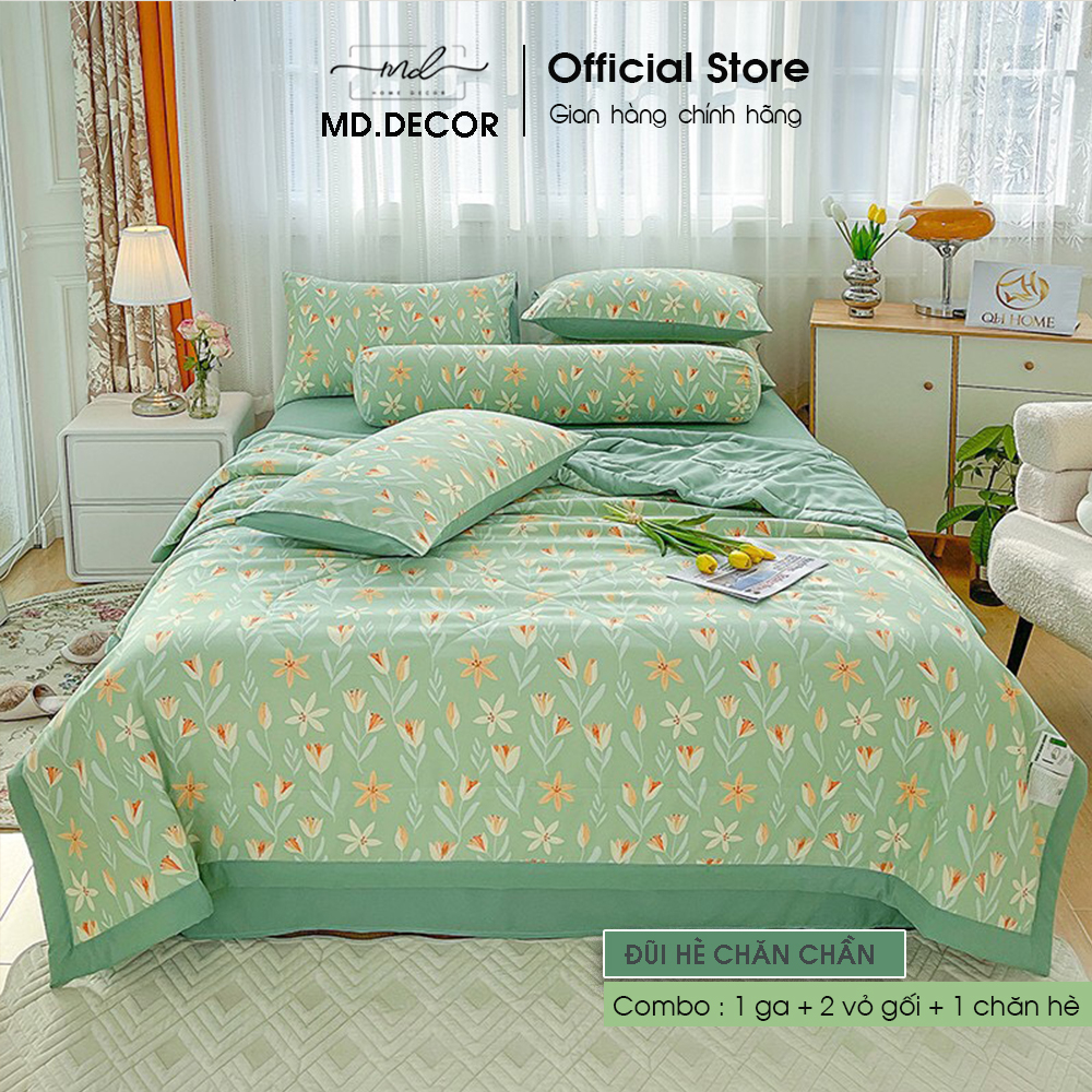 Bộ Chăn Chần Ga Giường Vỏ Gối 5 Món Cotton Đũi MD.DECOR - Bedding Cao Cấp Hoa Lá Đủ Size Nệm M6/M8