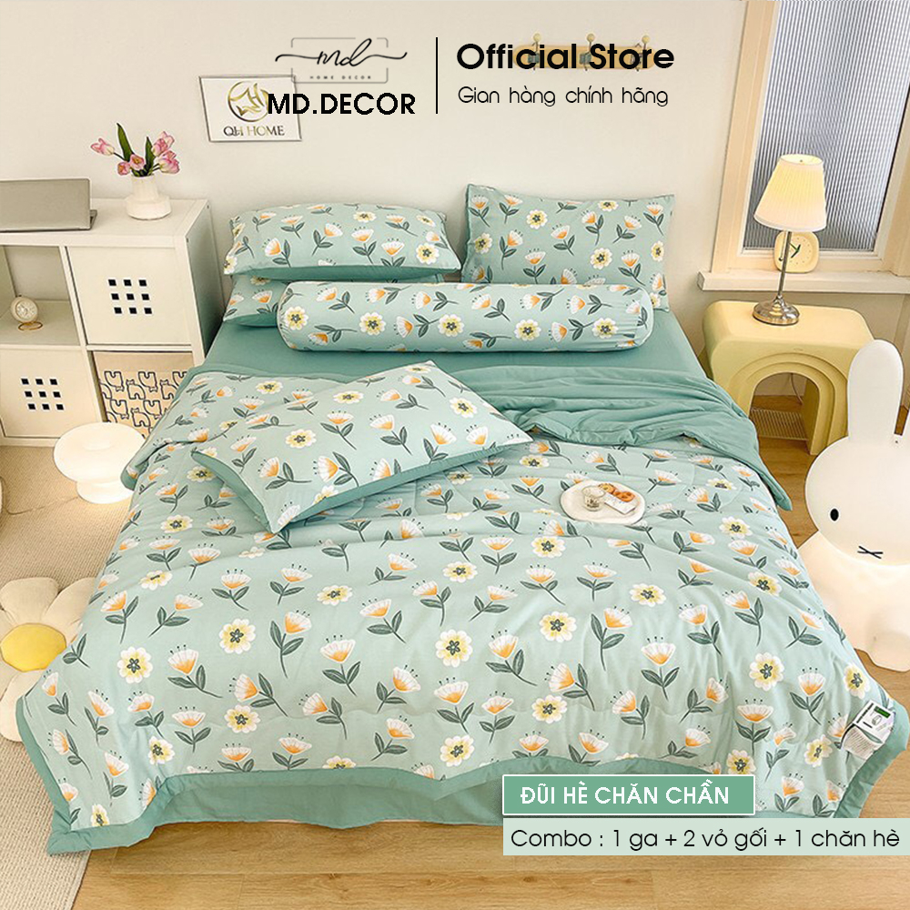 Bộ Chăn Chần Ga Giường Vỏ Gối 5 Món Cotton Đũi MD.DECOR - Bedding Cao Cấp Hoa Lá Đủ Size Nệm M6/M8