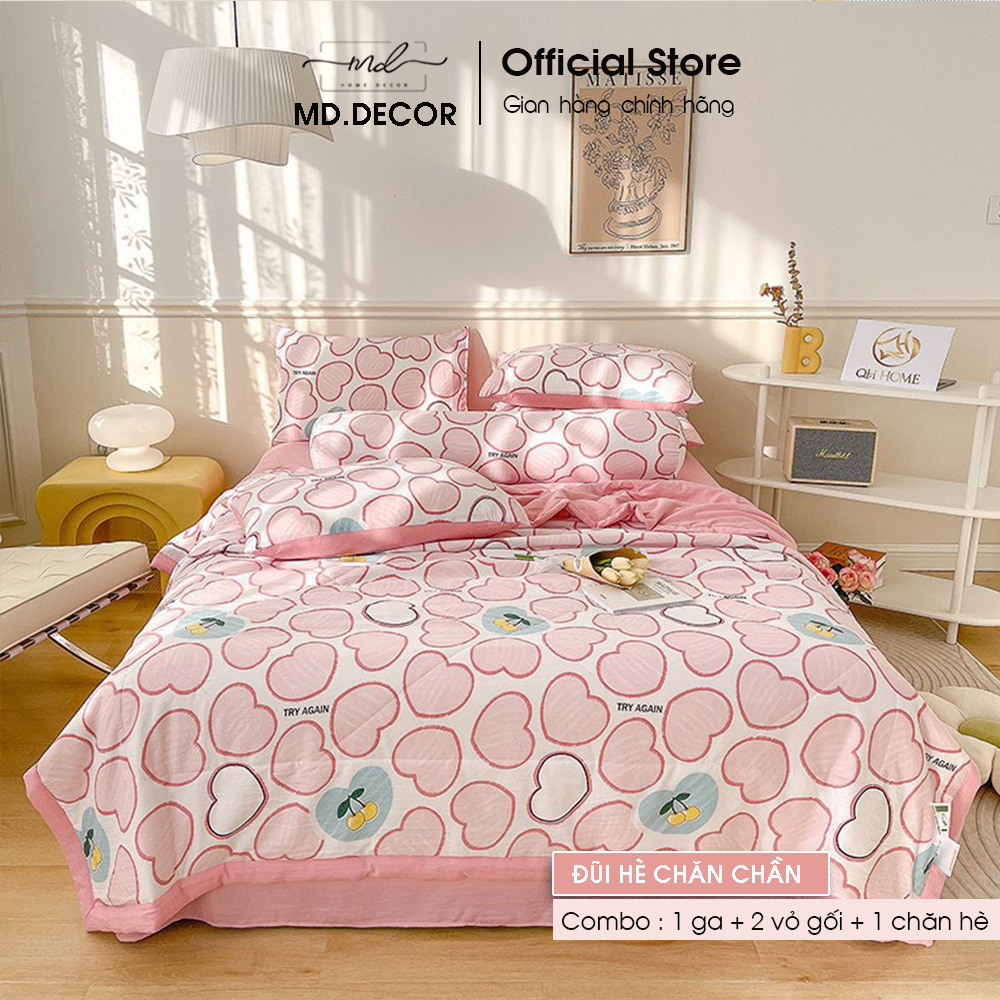 Bộ Chăn Chần Ga Giường Vỏ Gối 5 Món Cotton Đũi MD.DECOR - Bedding Cao Cấp Hoa Lá Đủ Size Nệm M6/M8