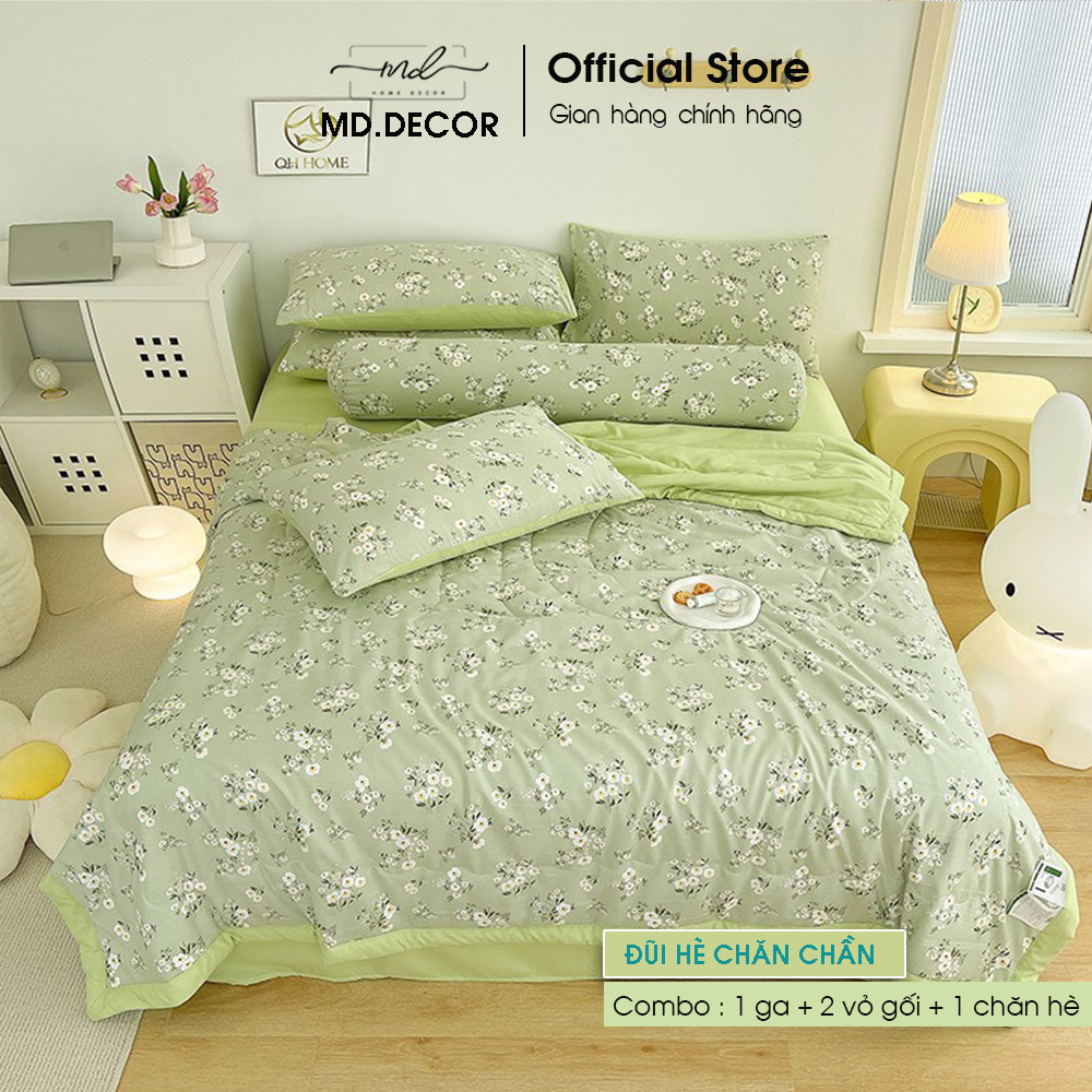 Bộ Chăn Chần Ga Giường Vỏ Gối 5 Món Cotton Đũi MD.DECOR - Bedding Cao Cấp Hoa Lá Đủ Size Nệm M6/M8