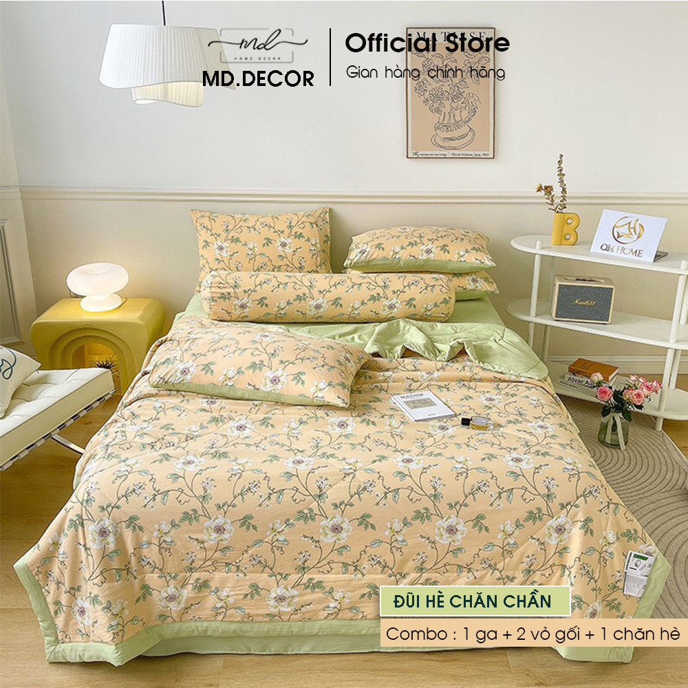 Bộ Chăn Chần Ga Giường Vỏ Gối 5 Món Cotton Đũi MD.DECOR - Bedding Cao Cấp Hoa Lá Đủ Size Nệm M6/M8