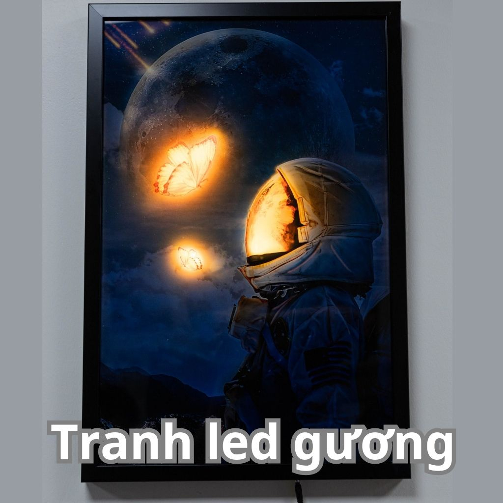 Tranh treo tường Led điểm/Led gương chủ đề Phi hành gia, Decor quán STICKERDAILY, kích thước 30x40, 40x60 mẫu 03