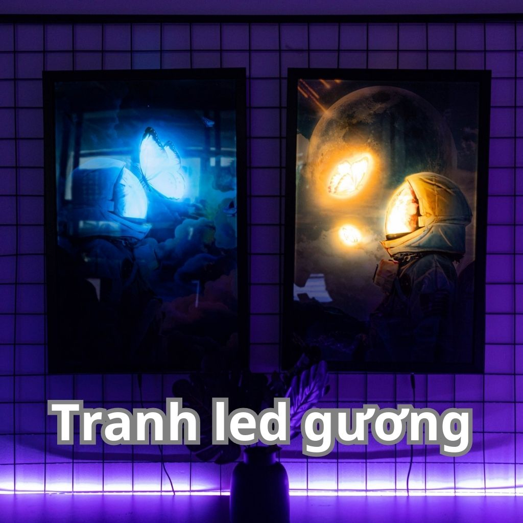 Tranh treo tường Led điểm/Led gương chủ đề Phi hành gia, Decor quán STICKERDAILY, kích thước 30x40, 40x60 mẫu 03