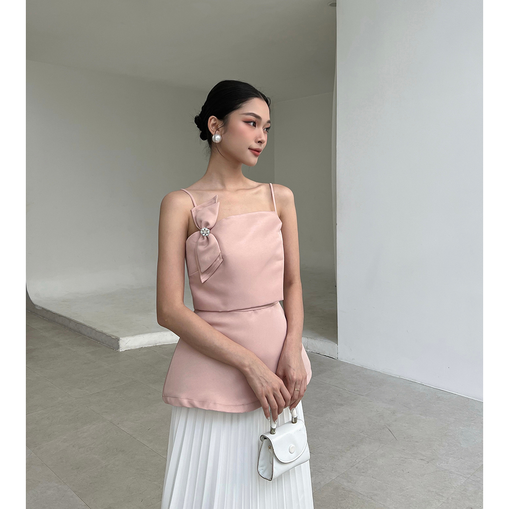 BBSTORE'S Áo Peplum Hai Dây Phối Nơ Đắp Tà Xéo -A1913