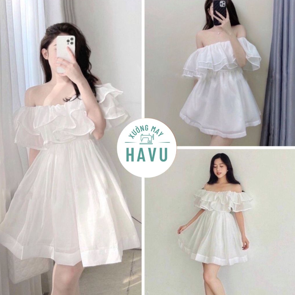 Váy Trễ Vai Voan Tơ Bồng Mới - Đầm Xòe 2 Lớp Mặc nhiều Kiểu