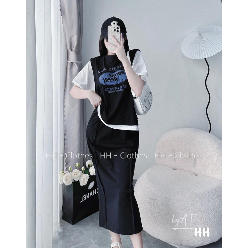 Set áo phông phối tay trắng kèm chân váy midi