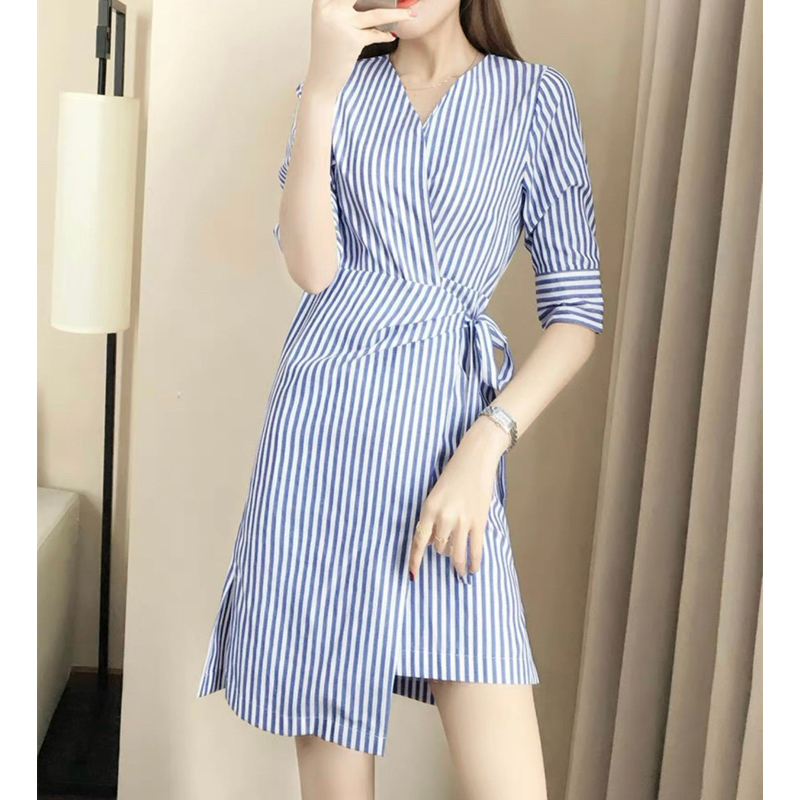 Đầm sọc xanh lệch tà (kèm hình thật)