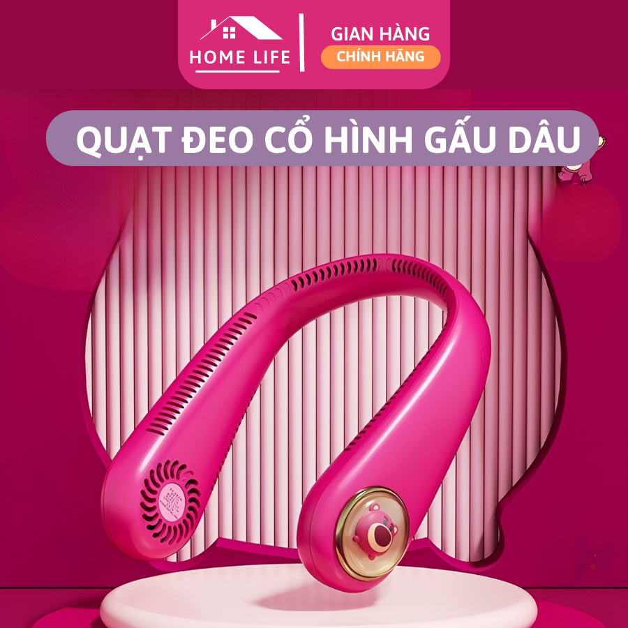 Quạt đeo cổ gấu dâu lotso, Quạt đeo cổ không cánh hình Gấu dâu sạc USB tiện dụng khi ra ngoài