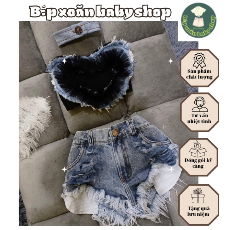 BỘ ĐỒ ĐI CHƠI CHO BÉ, QUẦN SHORT JEAN CHO BÉ, ÁO JEAN CÁCH ĐIỆU HÌNH TRÁI TIM