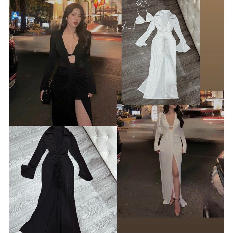 váy cổ v sẻ tà tay loe dáng dài kèm bra