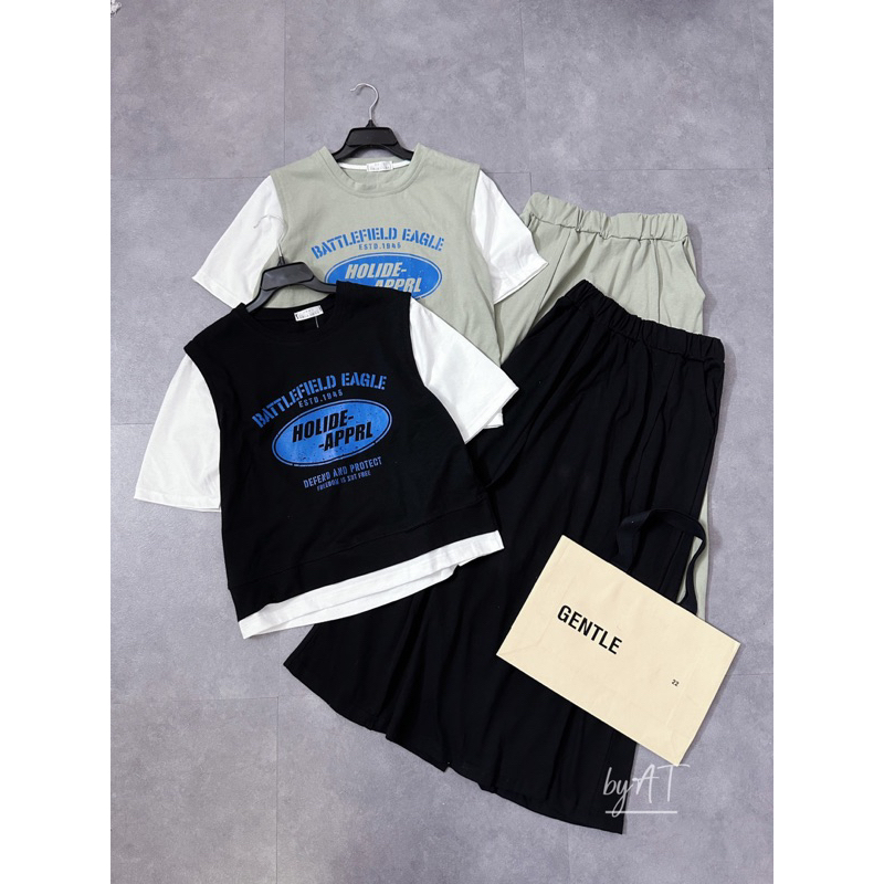 Set áo phông phối tay trắng kèm chân váy midi