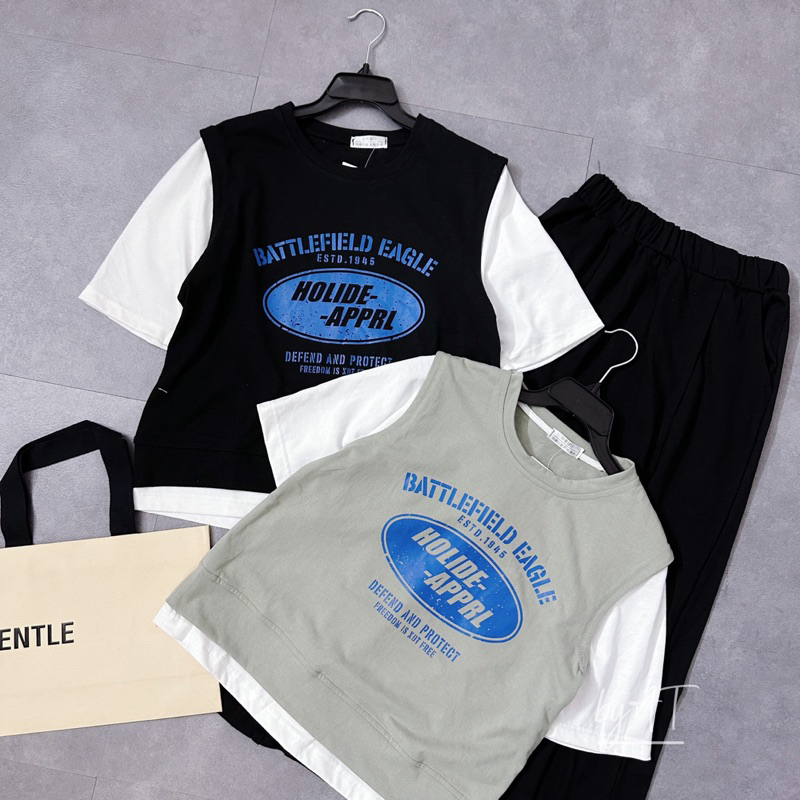 Set áo phông phối tay trắng kèm chân váy midi