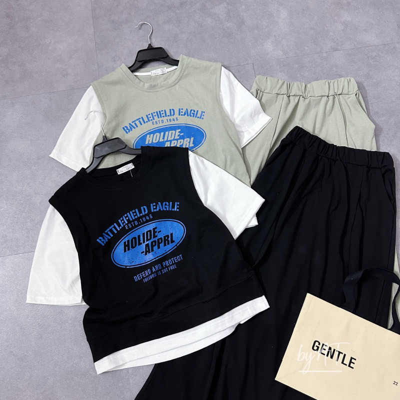 Set áo phông phối tay trắng kèm chân váy midi