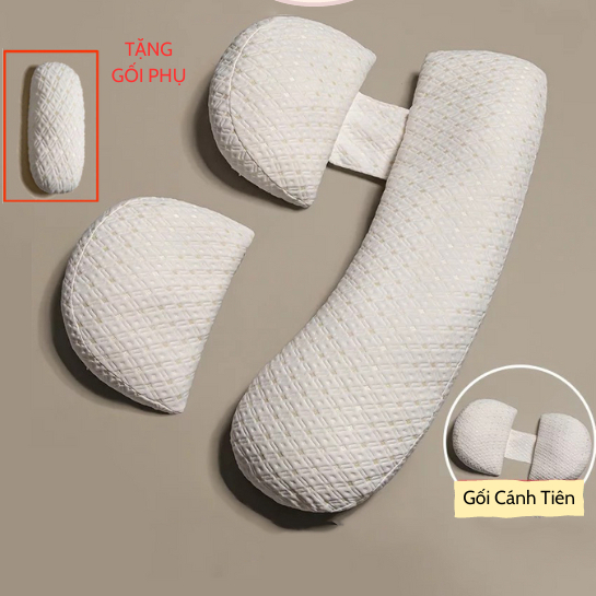 Gối Bầu Cánh Tiên, Gối Kê Bụng Bầu Màu Trắng Vàng Cao Cấp Có Thể Điều Chỉnh Theo Nhiều Tư Thế Của Mẹ