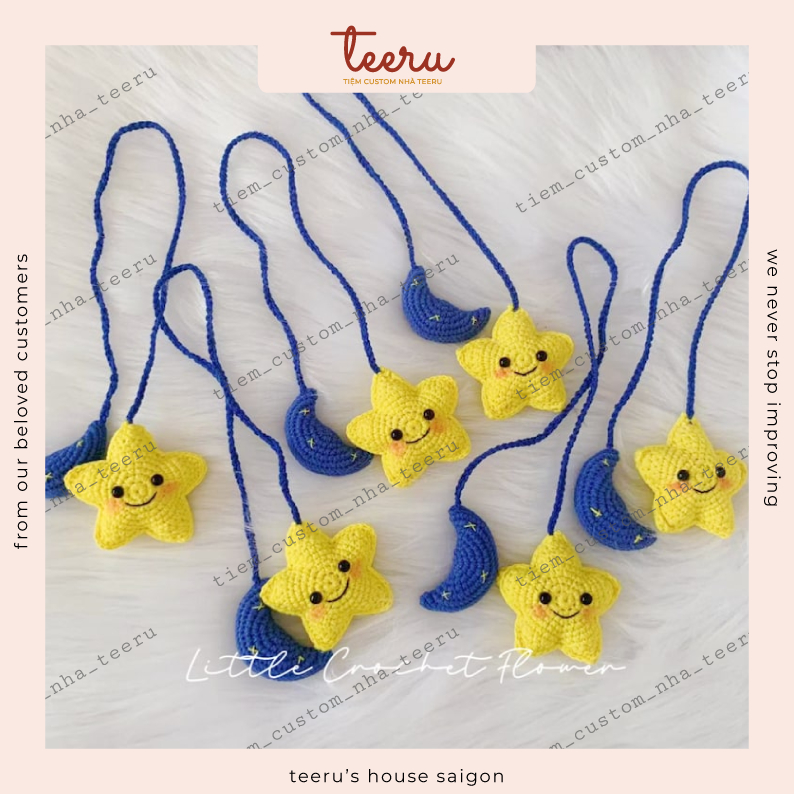 Móc khóa ngôi sao và mặt trăng làm phụ kiện treo xe hơi, treo balo, túi xách bằng len handmade - Crochet Teeru's House