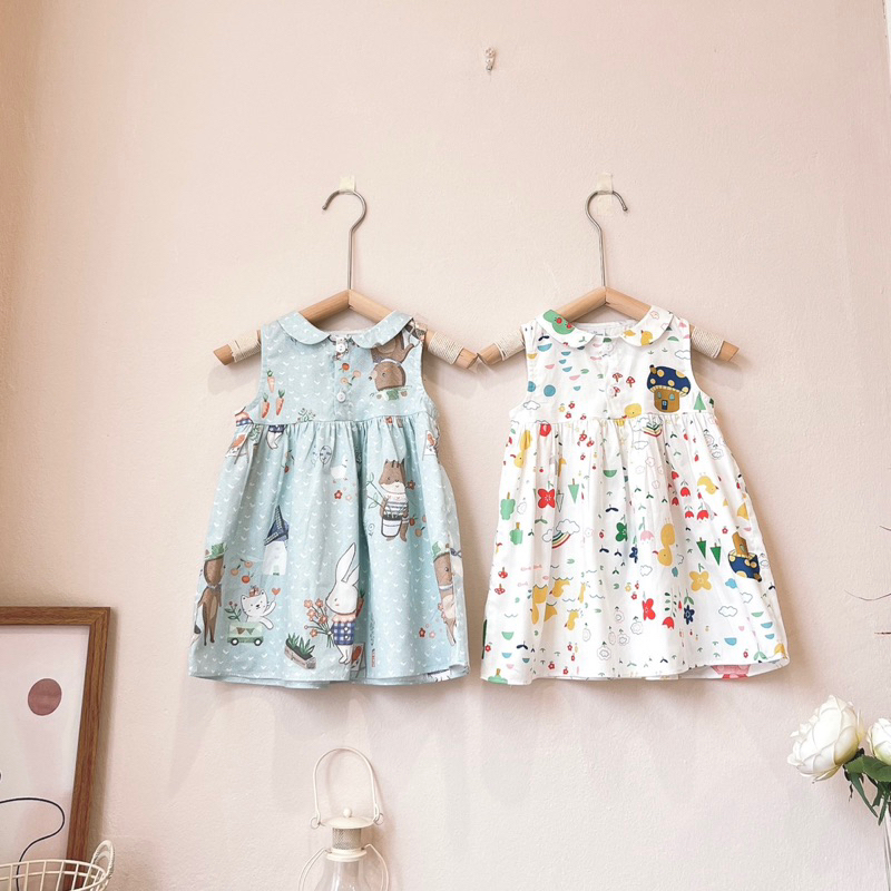 Váy sát nách cổ sen 3 màu hoạ tiết động vật dễ thương- Kèm nơ kẹp tóc