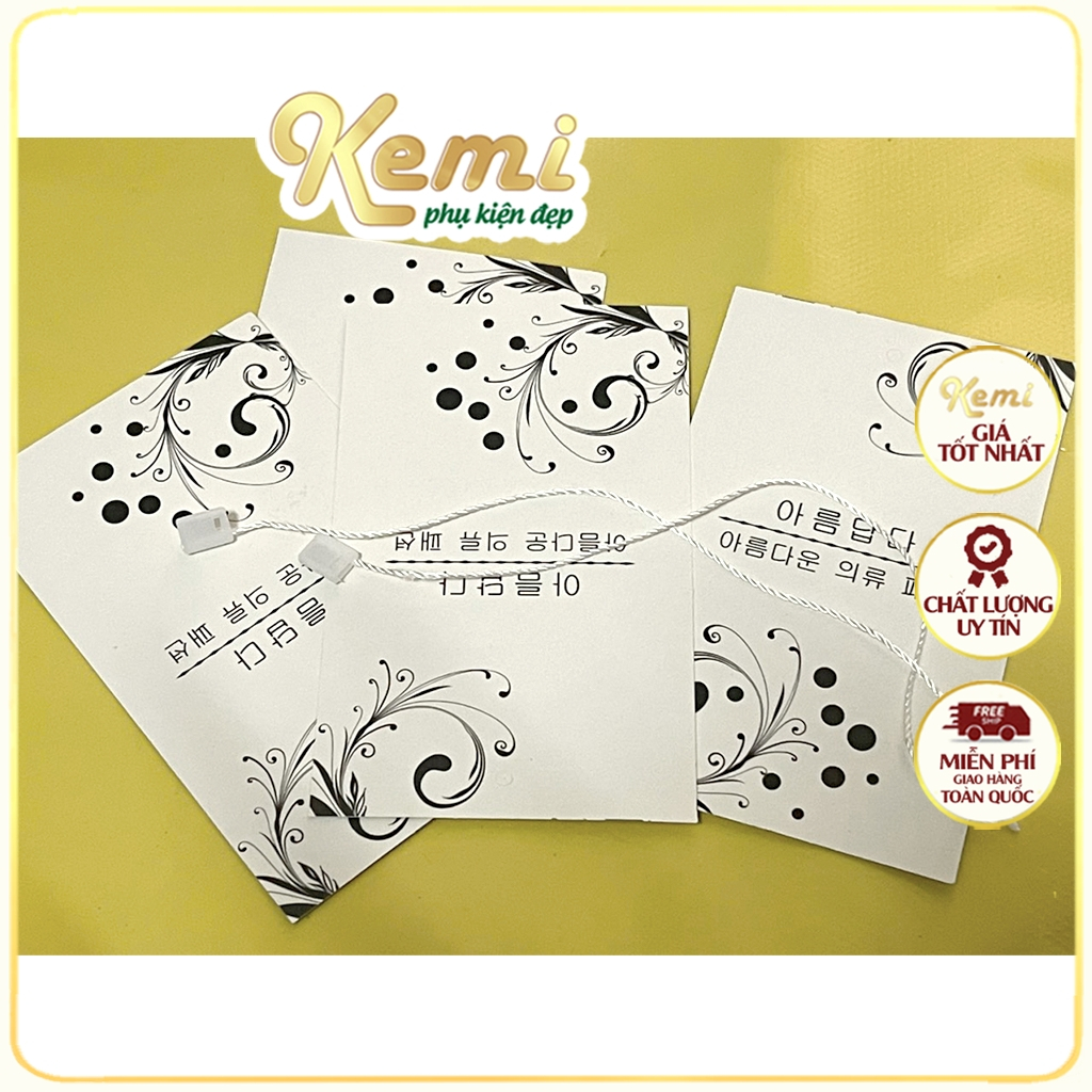 Tem mác tag treo quần áo chữ Hàn thẻ bài giấy đẹp in nét sẵn lỗ gài dây - gói 100 chiếc