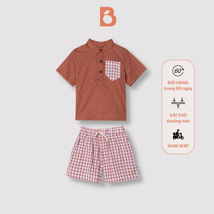 Set bộ quần áo bé trai BERRY sơ mi cổ tàu và quần đùi vải thô MATEO