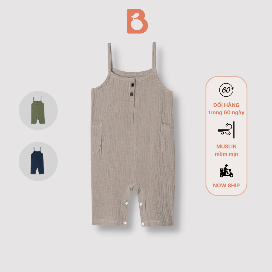 Quần yếm bé trai BERRY nhiều màu dáng dài cúc bấm vải xô muslin trơn mềm mịn LEO