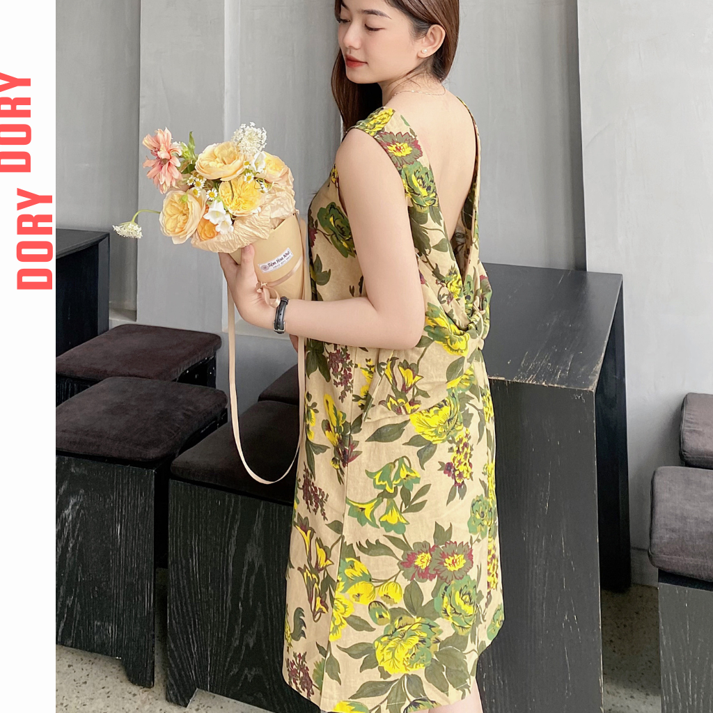 Đầm hoa Linen nữ babydoll thiết kế dáng hở lưng chứ V phía sau