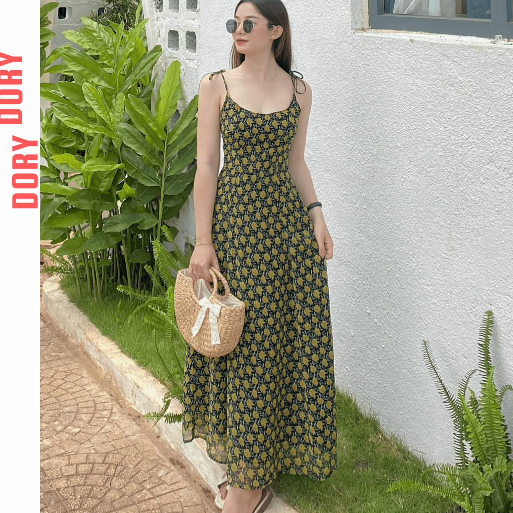 Đầm dây nữ 2s dáng dài chữ A 2 lớp có thắt dây sau lưng để điều chỉnh hoạ tiết mùa hè du lịch biển xinh