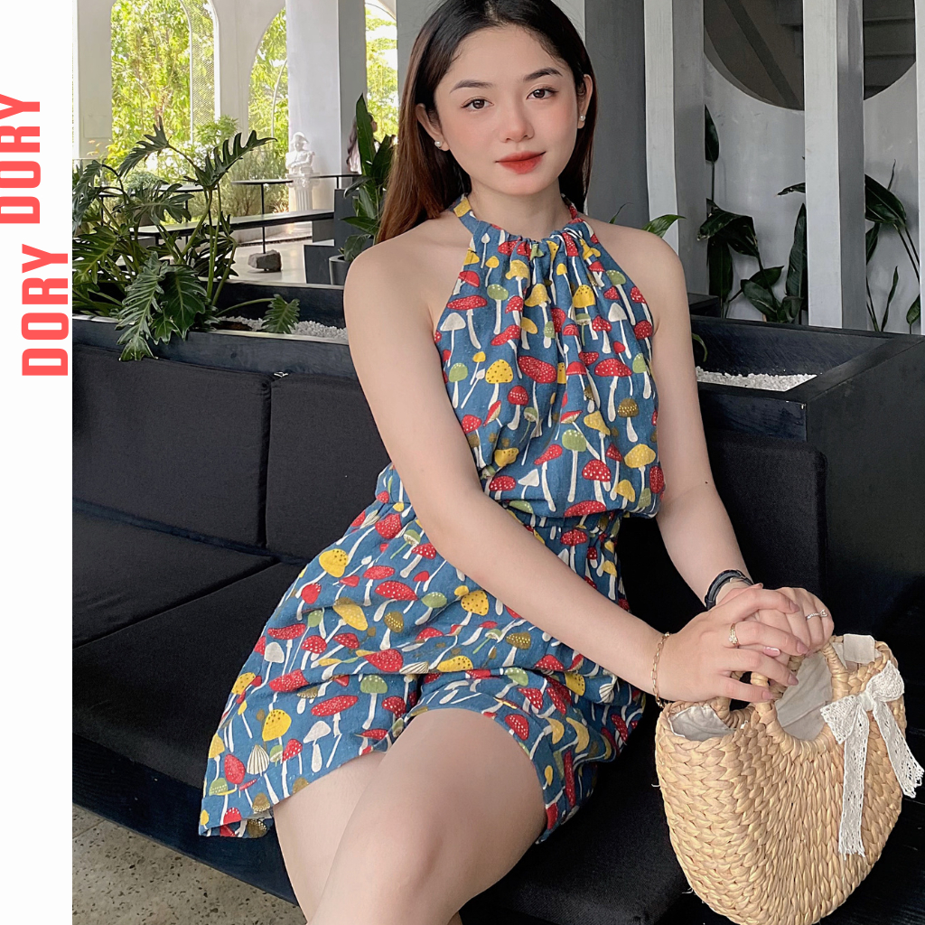 Bộ Jumpsuit cổ yếm cột dây hở lưng quần gập gấu thời trang phong cách mùa hè du lịch biển vải Linen cao cấp thoáng mát