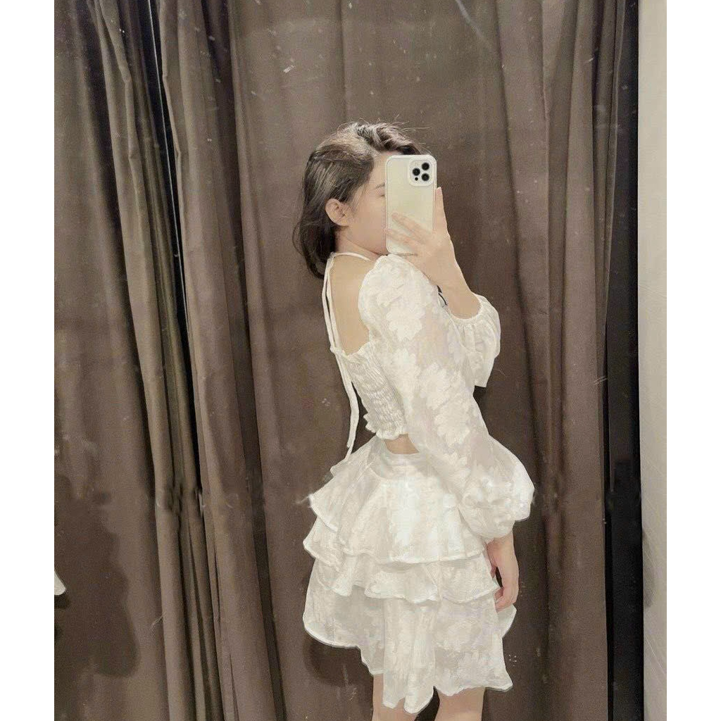 🔥40-65KG🔥 ĐẦM VÁY XÒE TẦNG CUT OUT EO BIGSIZE 🔥Hoa ren nổi🔥 cổ V tay dài chiết eo tôn dáng trắng dự tiệc cao cấp đi biển