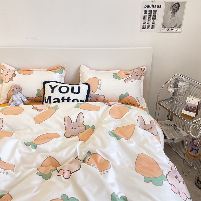 Bộ chăn ga Cotton Poly nhập khẩu chần bông dày mẫu Thỏ Cà Rốt Vàng