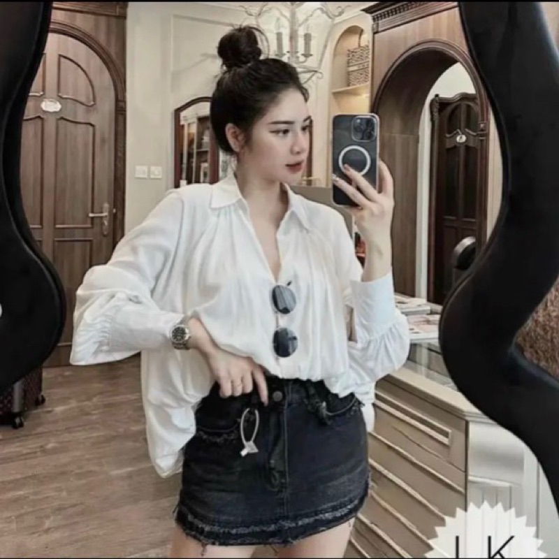 Áo sơ mi sơ vin nữ cổ trụ V tay dài màu trơn dáng bồng bềnh vạt sole chất voan 2lớp dày dặn dáng rộngTV-FASHION